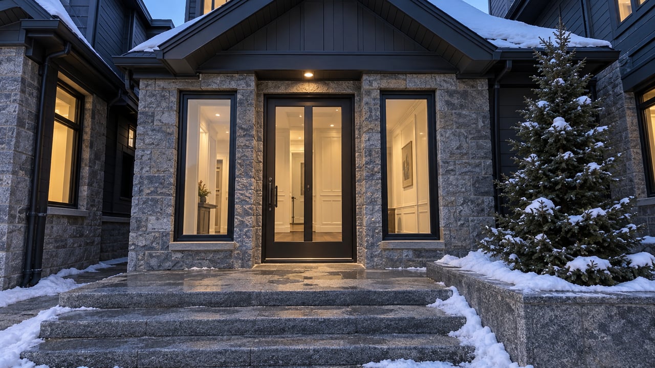 Snow-edged granite steps lead to a warmly lit glass entrance beneath a steep gable, with gray stone piers and a snow-dusted spruce.