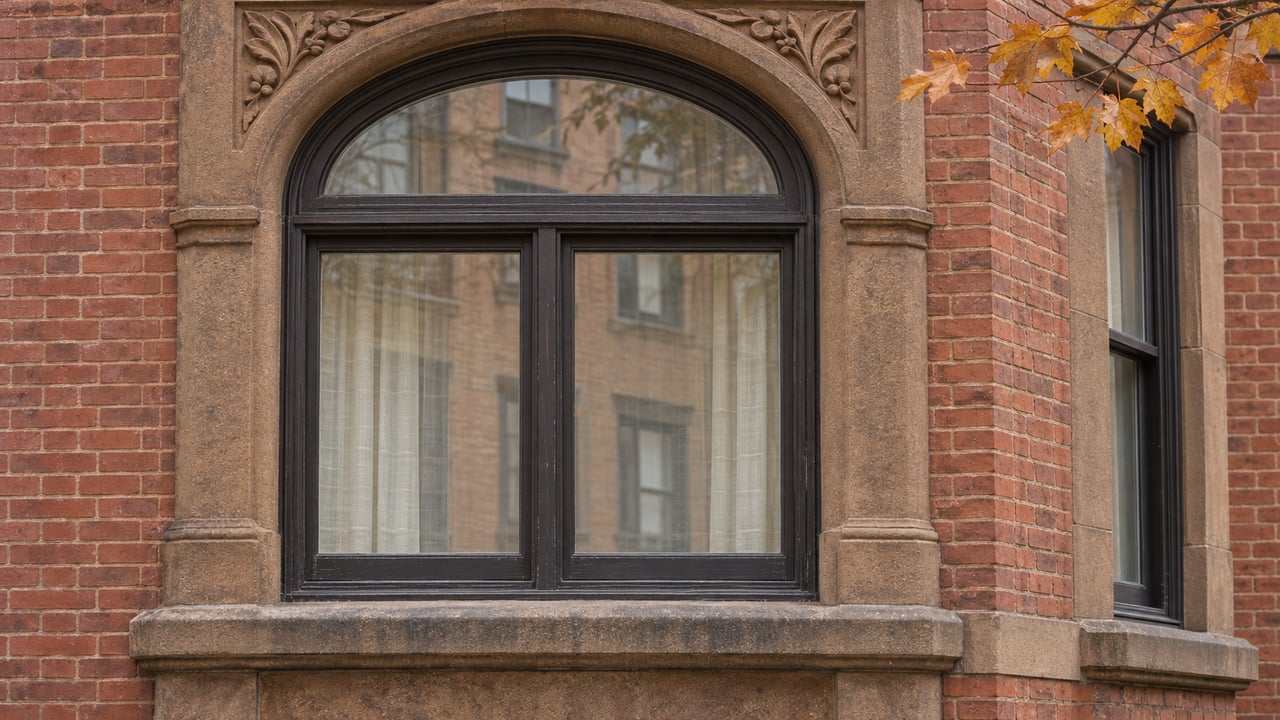 Arched bronze-painted parlor window framed by weathered brown sandstone and red brick, with amber sugar maple leaves at the corner.