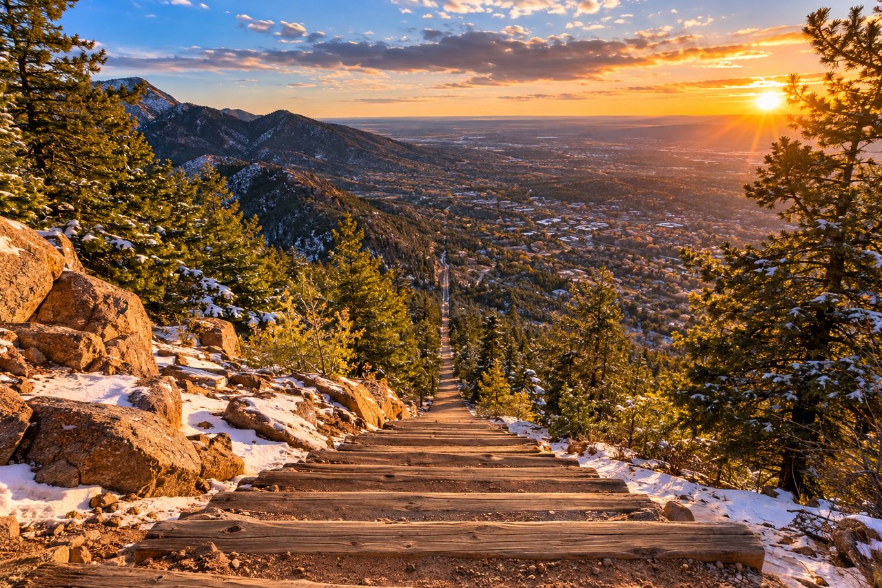 Snow-dusted mountain steps overlook a sprawling city at sunset.