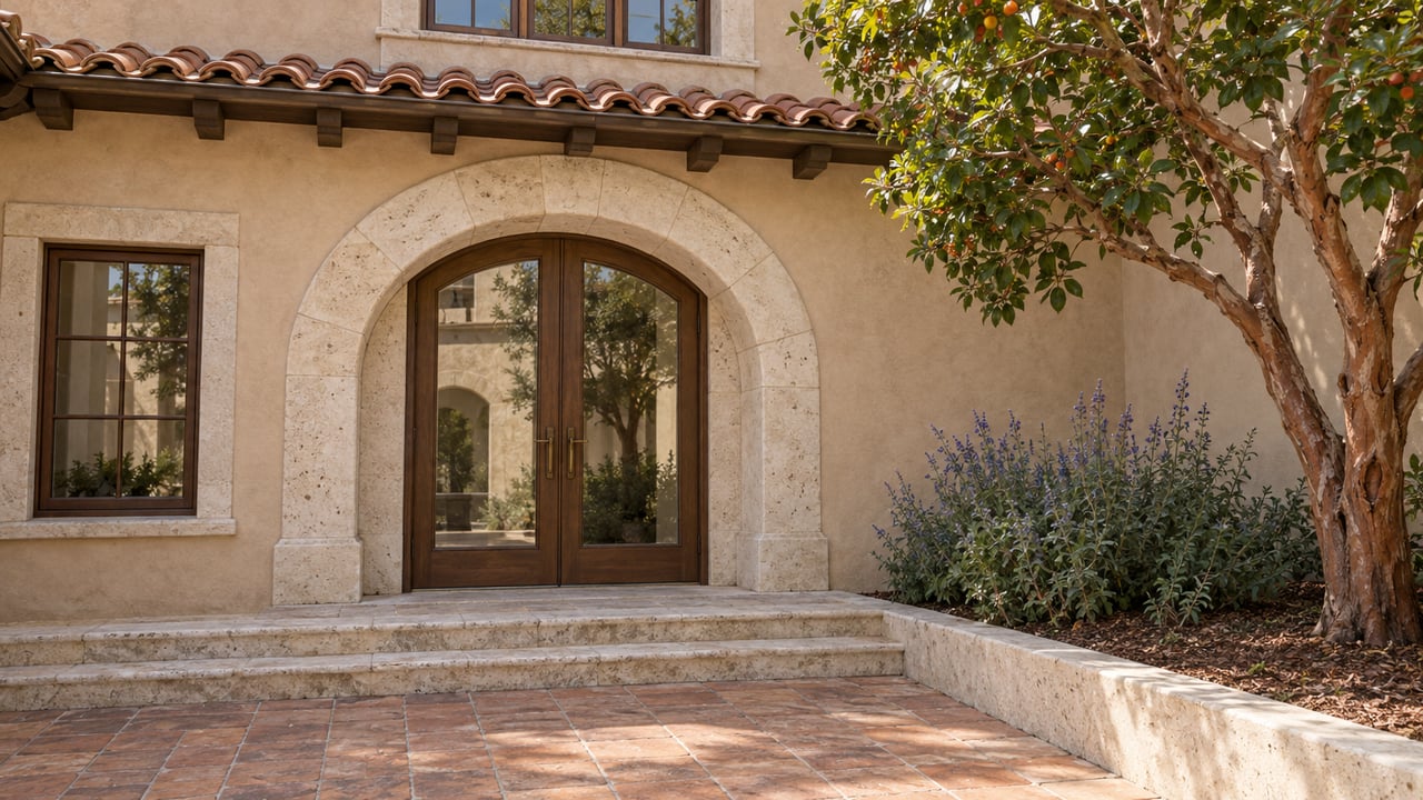 Sunlit stucco condominium entrance with a limestone arch, paired wood-and-glass doors, terracotta paving and a strawberry tree in a raised bed.