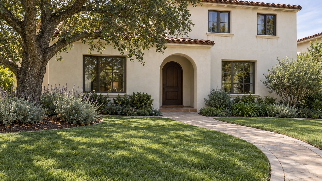 An ivory stucco home with a clay tile roof and arched entry faces a deep lawn shaded by a mature oak.