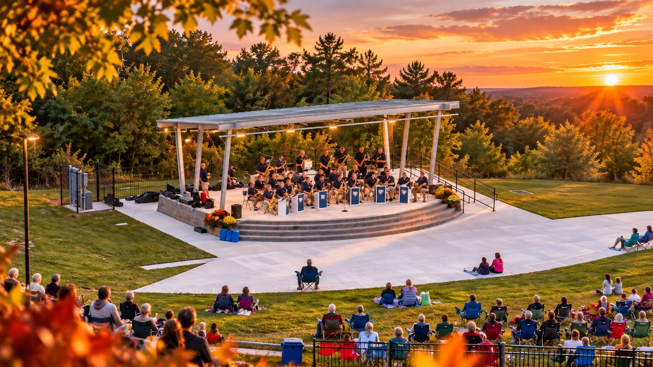 A band performs at an outdoor park amphitheater as people watch from the lawn at sunset.
