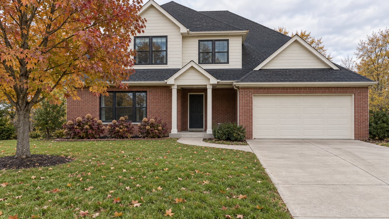 Brick and ivory-sided two-story home beyond a broad autumn lawn, with a mature maple and concrete driveway.