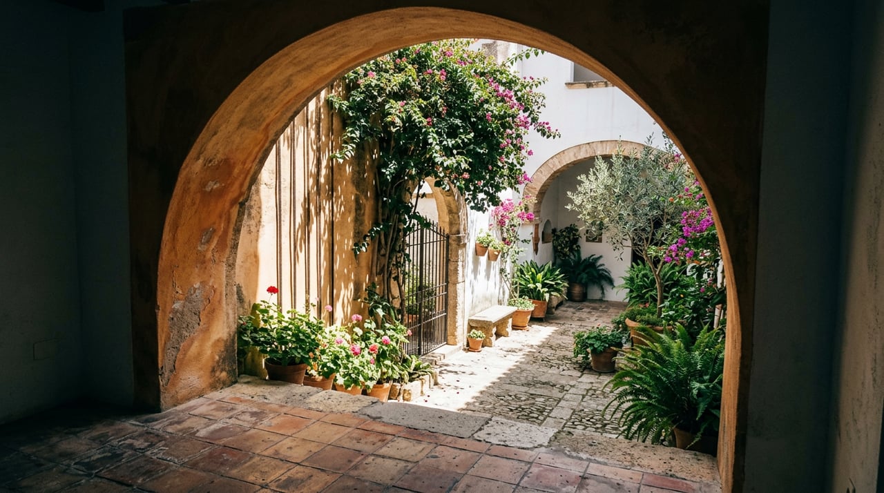 Stucco arch frames a courtyard with desert willow, barrel cacti, and a stone seat wall.