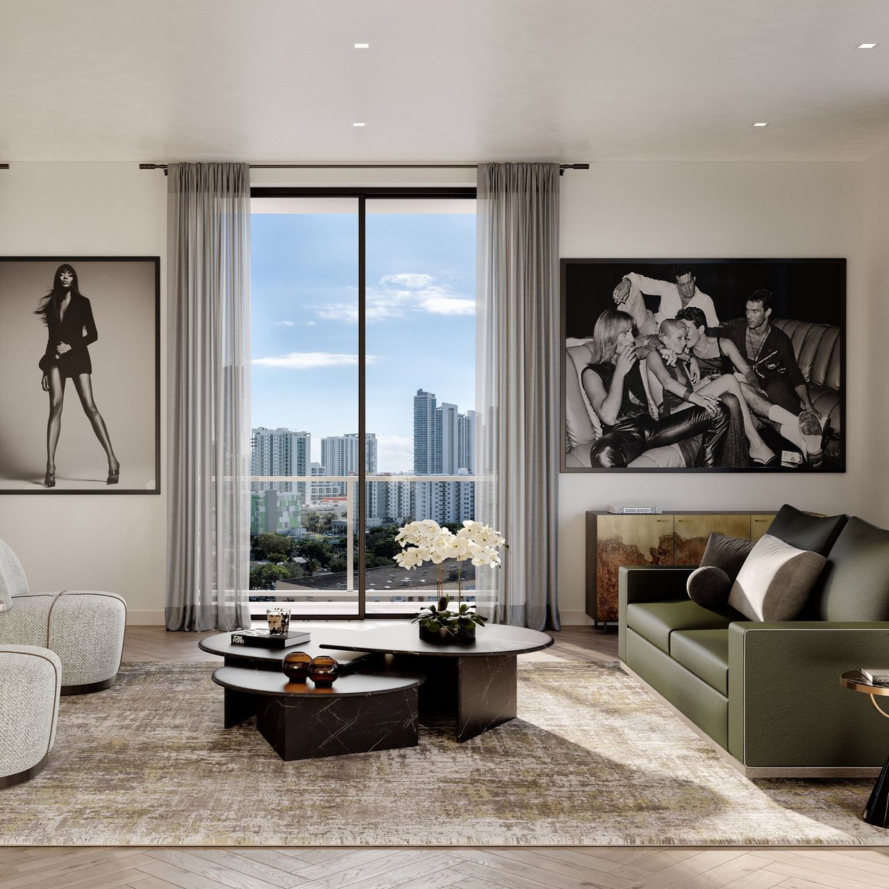Contemporary living room with a green sofa and city high-rises visible through a floor-to-ceiling window.