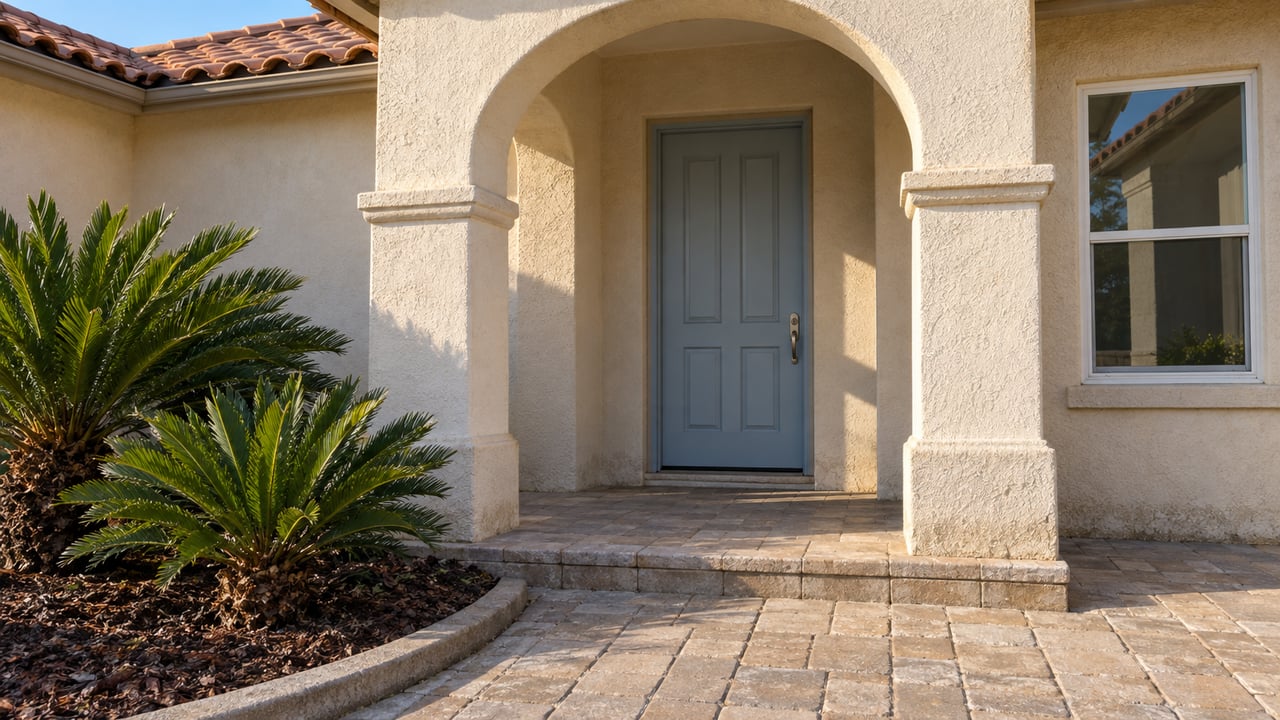 Sunlit cream-stucco home entrance with an arched porch, pale-blue door, terracotta roof and two coontie plants beside a paved approach.