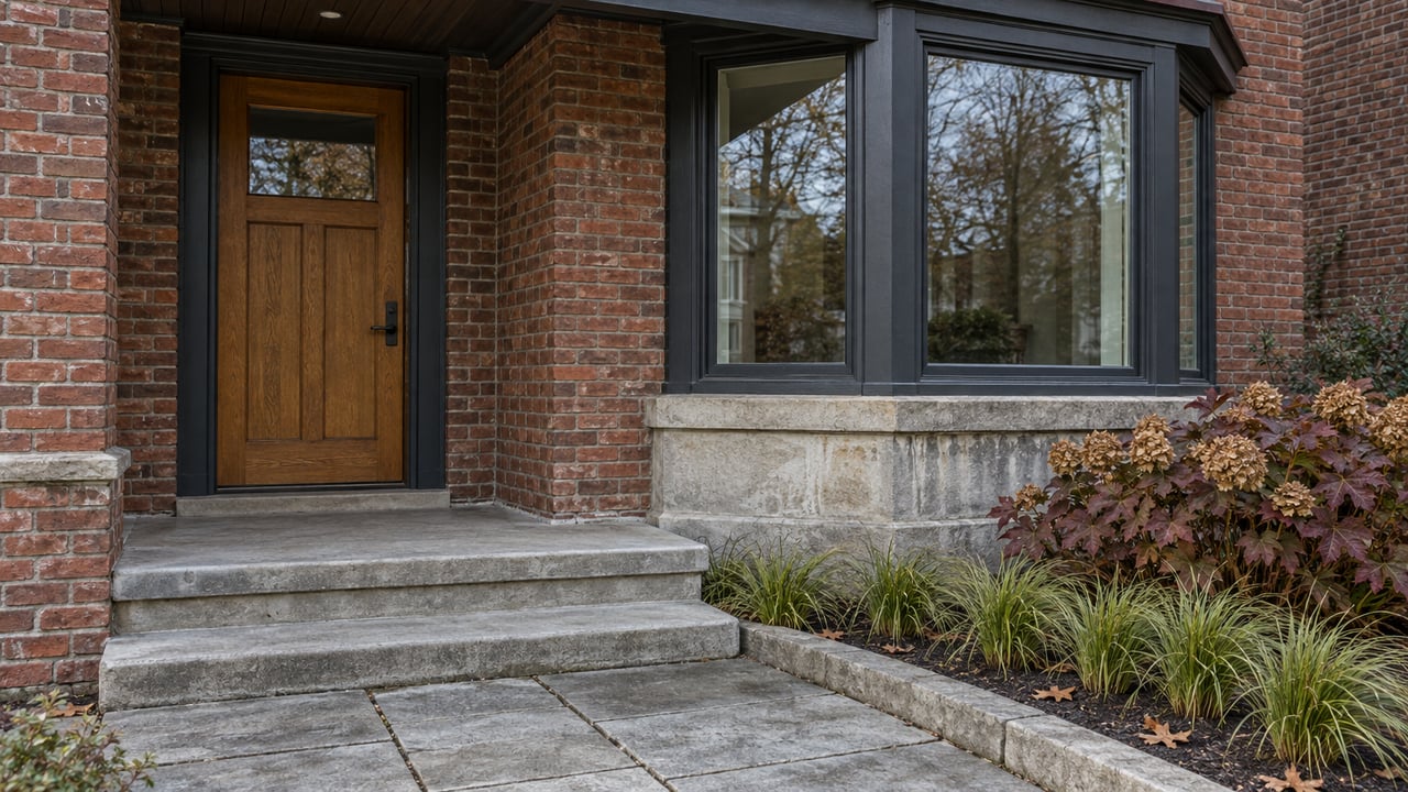 Weathered red-brick home with an oak front door, dark-framed bay window, limestone entry steps and burgundy oakleaf hydrangea.