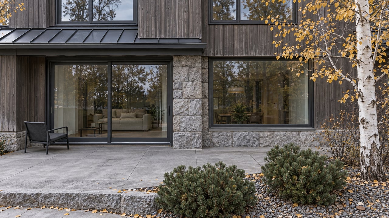 Timber and granite condominium facade with enclosed glass doors, a concrete terrace, and golden aspen leaves.