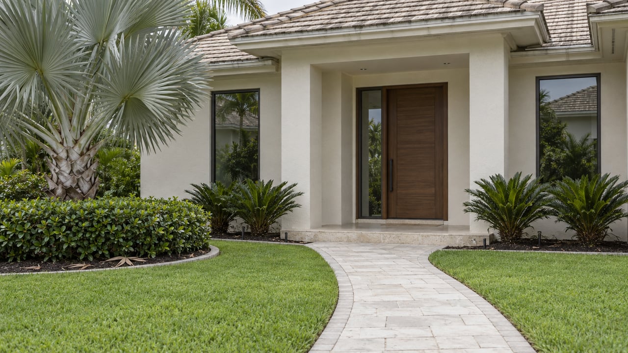 Detached stucco house with a recessed timber entry, pale paver path, lawn, and sculptural palm.