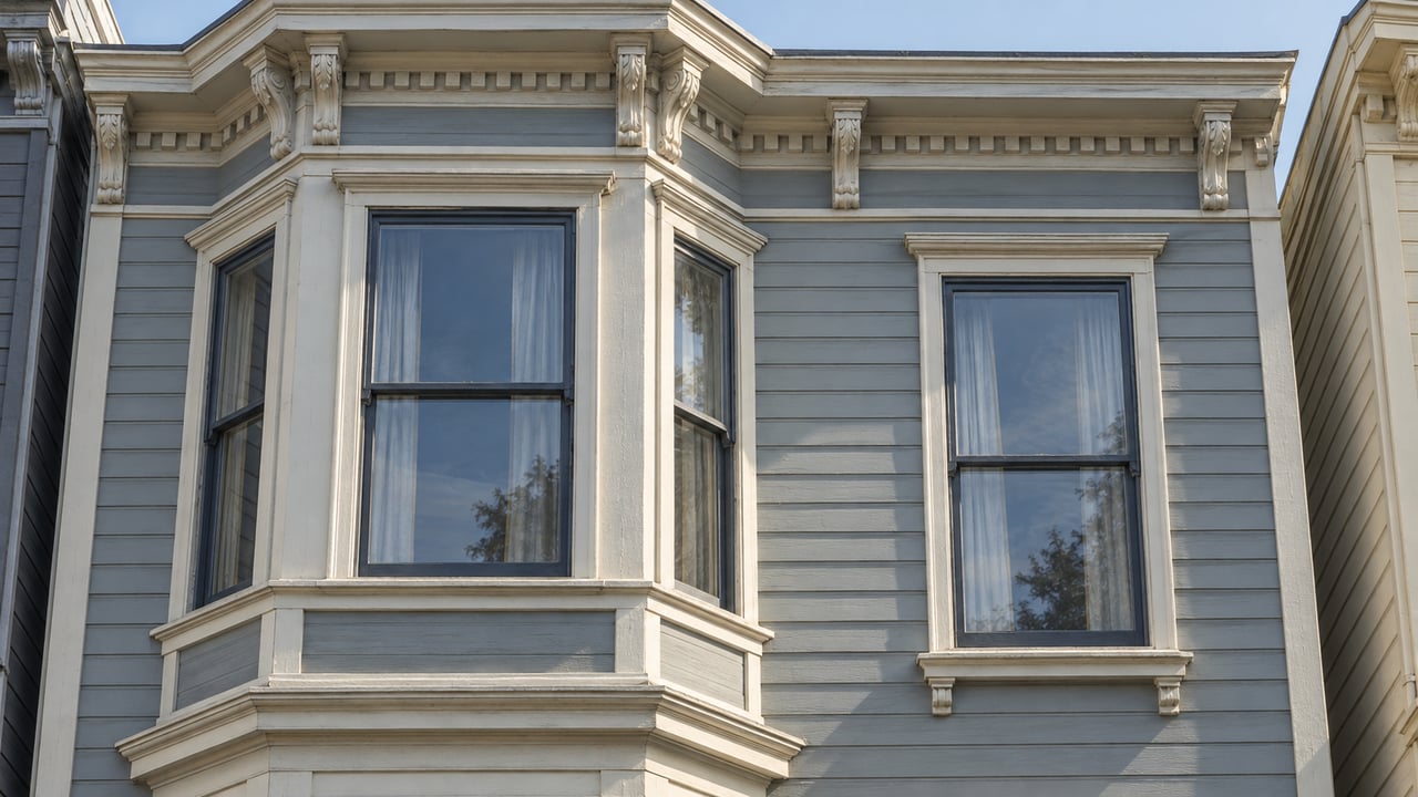 Daylight on a gray clapboard home's ivory-trimmed bay windows and carved wooden cornice.