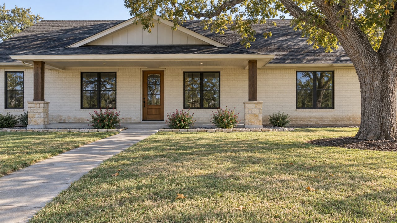 White brick single-story home with a covered porch and walkway beneath a large tree.