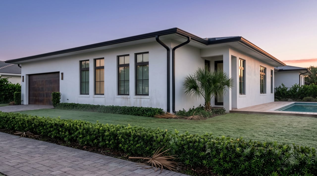 Modern white stucco coastal home with a bronze garage door, clipped hedges, lawn, and a sliver of turquoise pool beneath a violet-blue dawn sky.