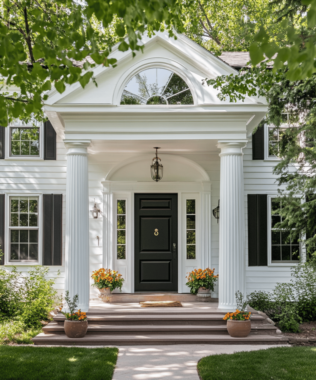 White house entrance with fluted columns, an arched fanlight, and flower planters beside the black front door.