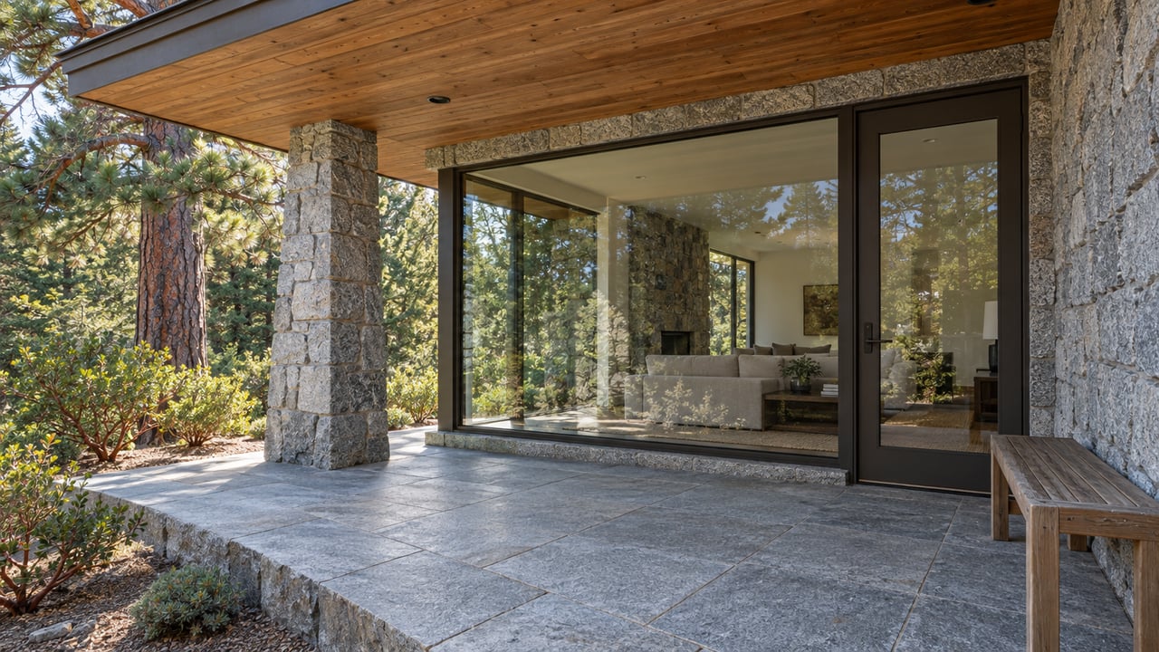 Covered stone terrace with timber soffit, bronze-framed living-room glazing, a weathered teak bench, and a mature pine beyond the planting edge.