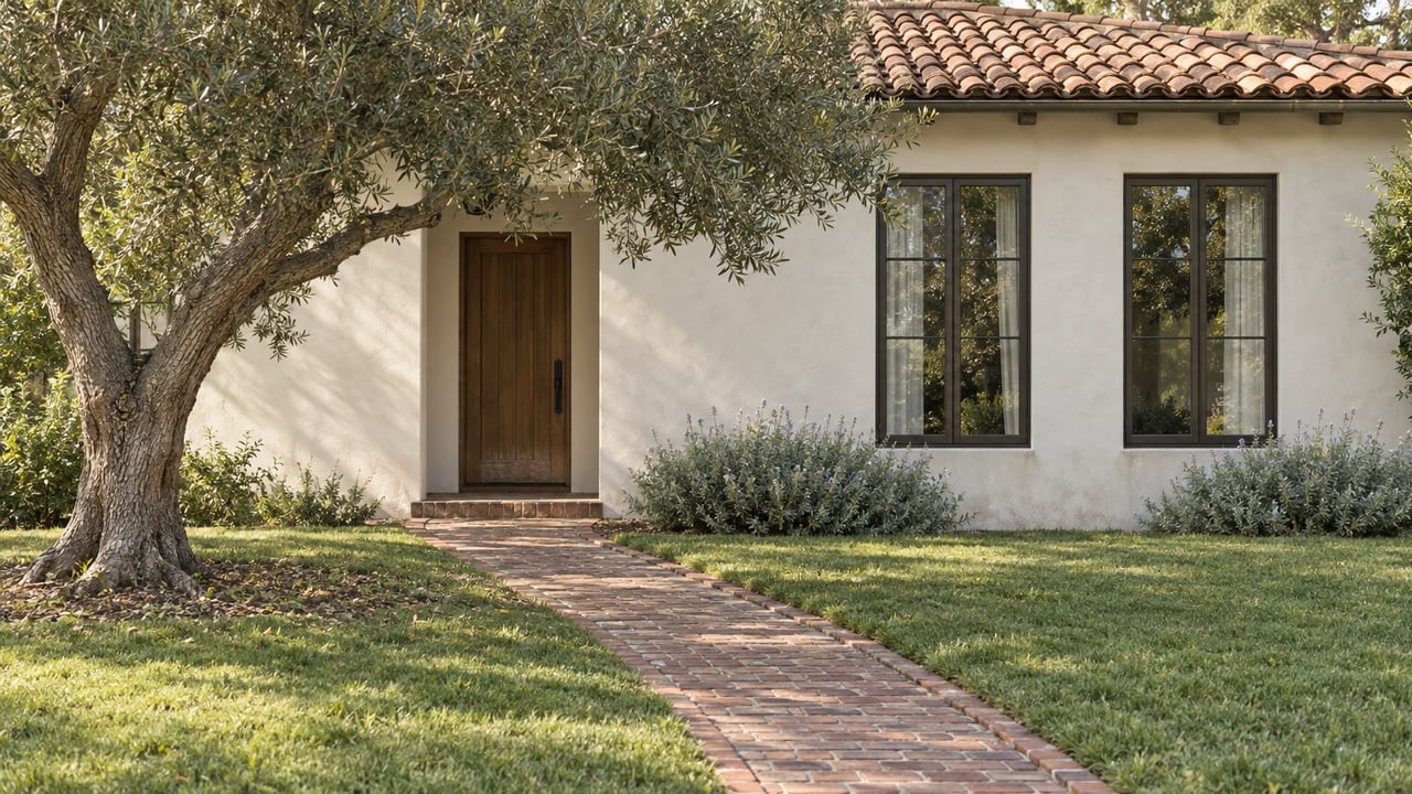 Pale plaster home with a timber entry, tall windows, clay-tile roof, brick path, lawn, and mature olive tree.