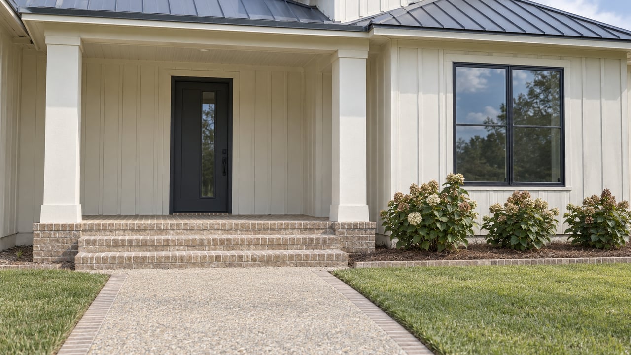 Cream board-and-batten home with charcoal glazing, blue-gray metal roof, sand-colored brick porch steps and oakleaf hydrangeas beside a broad aggregate approach.