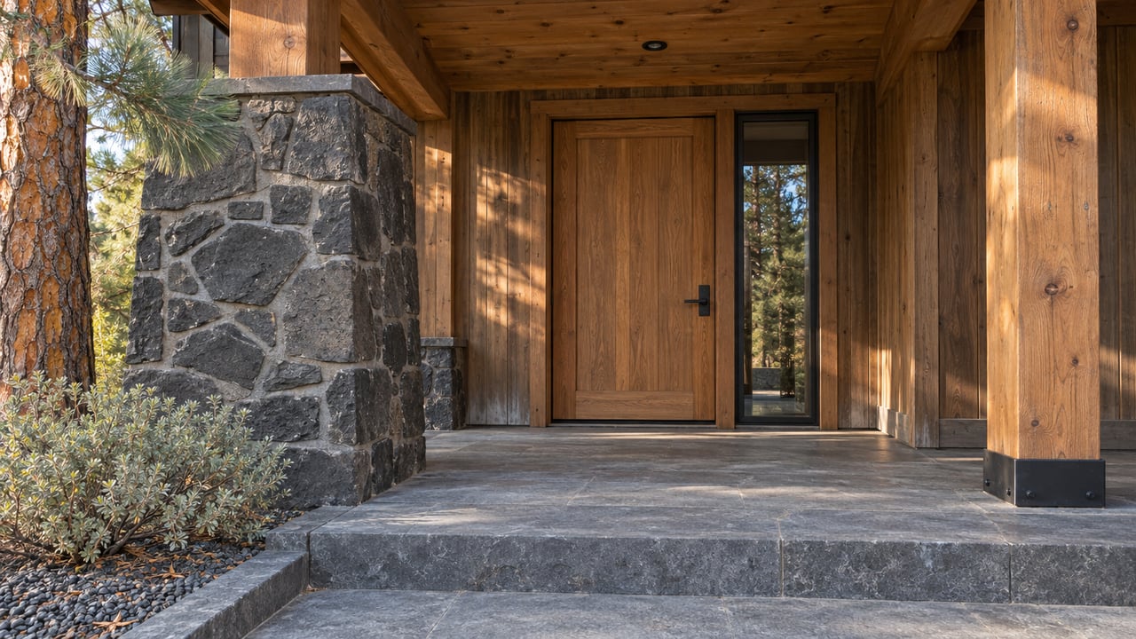 Covered wood-and-stone home entrance with a recessed oak door, basalt steps, and a ponderosa pine beside the porch.