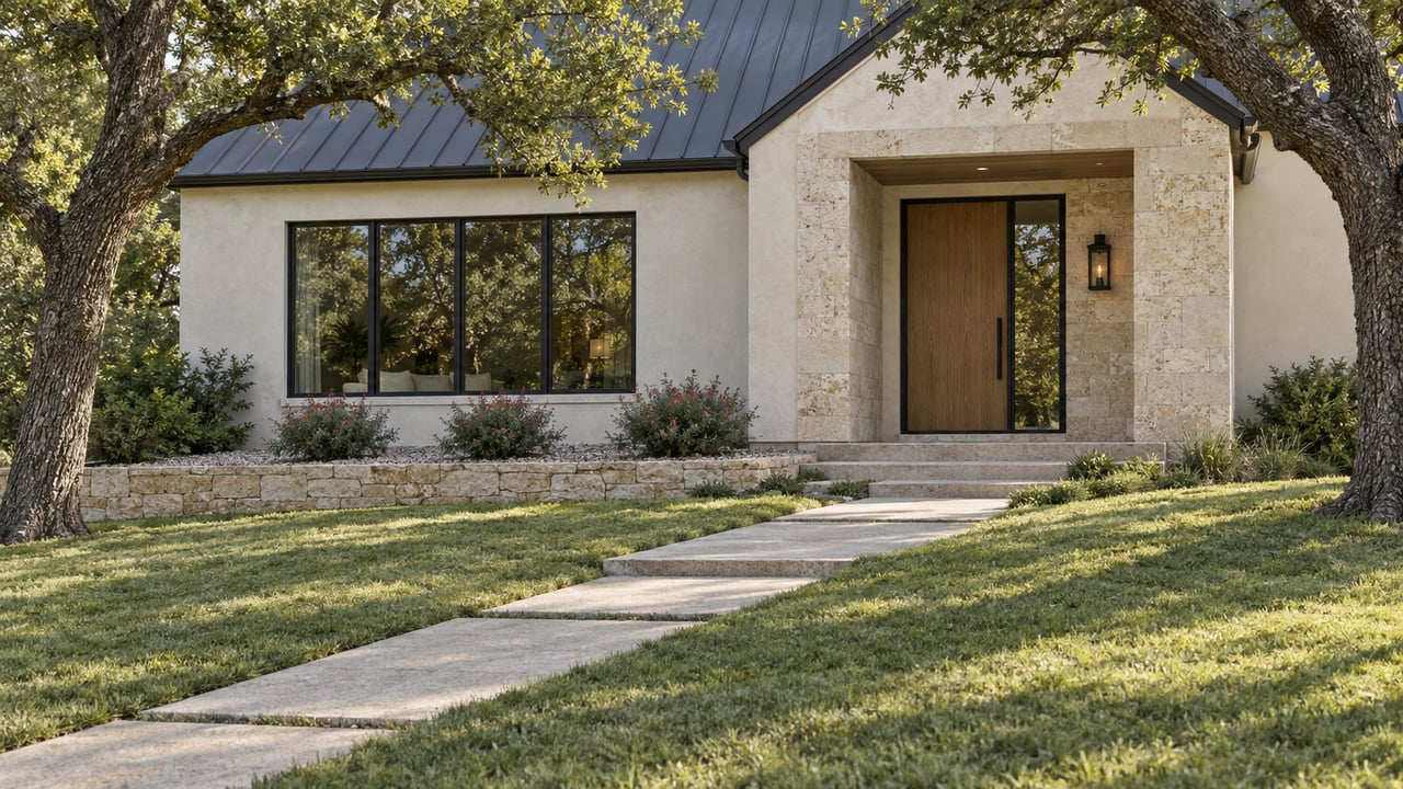 A white stucco and limestone home with a dark metal gable roof, warm wood entry, and a long concrete approach across a sloping lawn beneath mature live oaks.