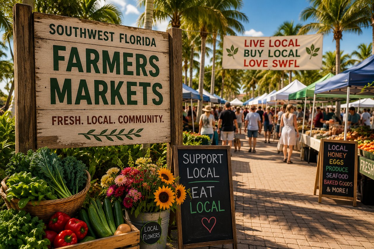Open-air farmers market in Southwest Florida with local produce, flowers, artisan vendors, and palm trees, representing the best farmers markets in Naples, Fort Myers, Cape Coral, and Bonita Springs for residents and visitors.