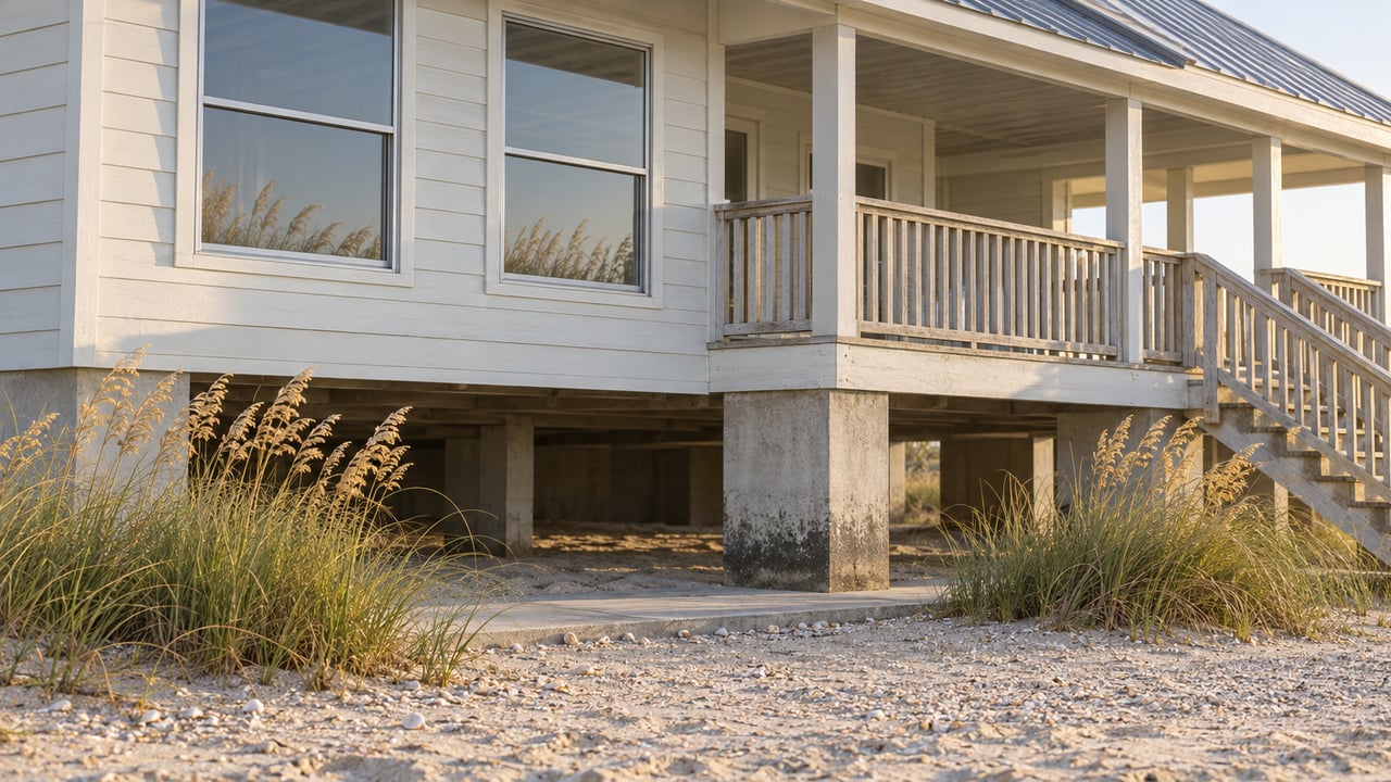 Elevated coastal house with pale siding, porch, concrete piers, front steps, and dune grass amid shell-strewn sand.