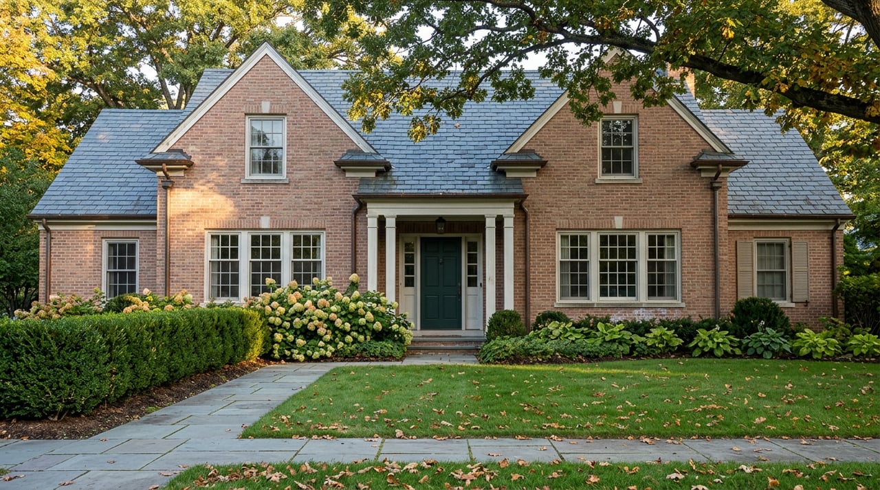 Brick suburban home with a steep slate gable, centered portico, and bluestone walkway beneath golden-edged oak leaves.