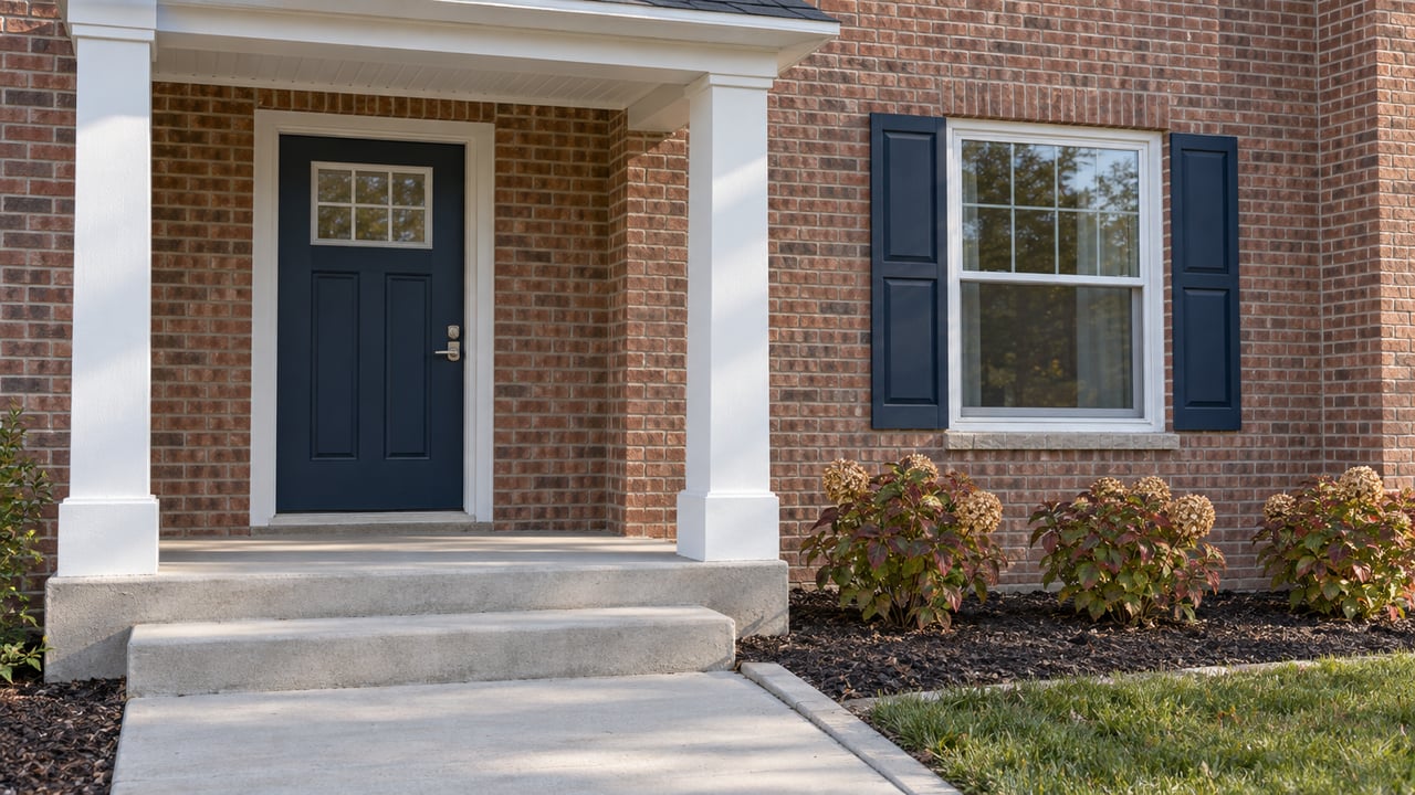 Red-brown brick home entry with a navy door, white porch columns, concrete steps and oakleaf hydrangeas in autumn.