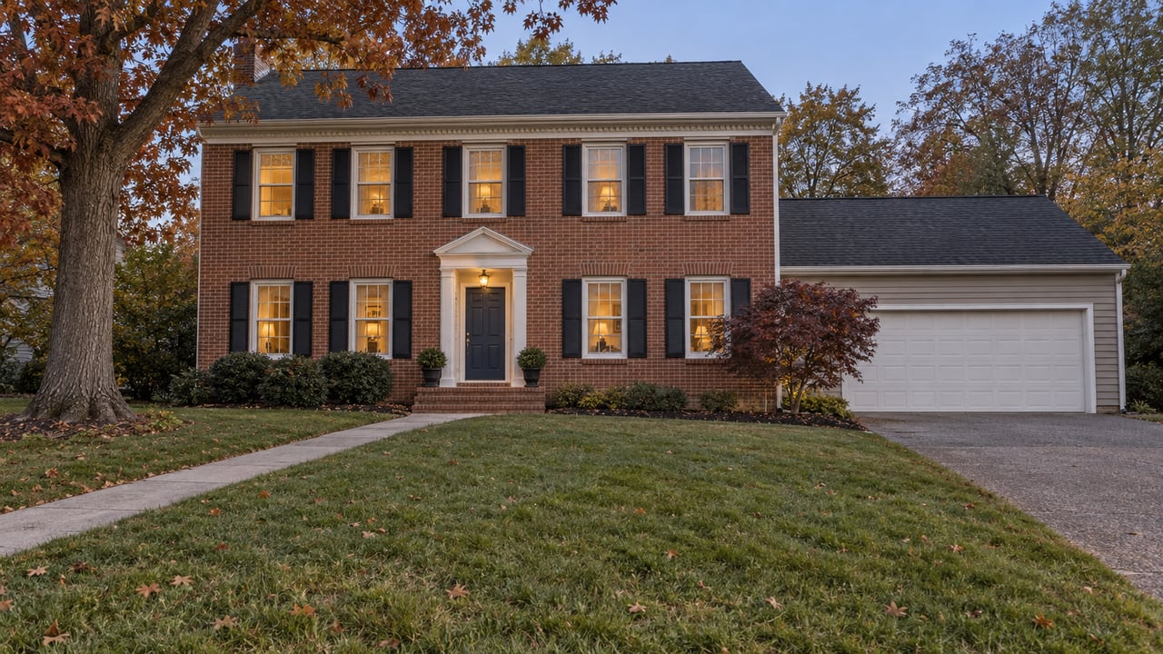 A brick two-story home with black shutters and warm windows beyond a deep autumn lawn at dusk.