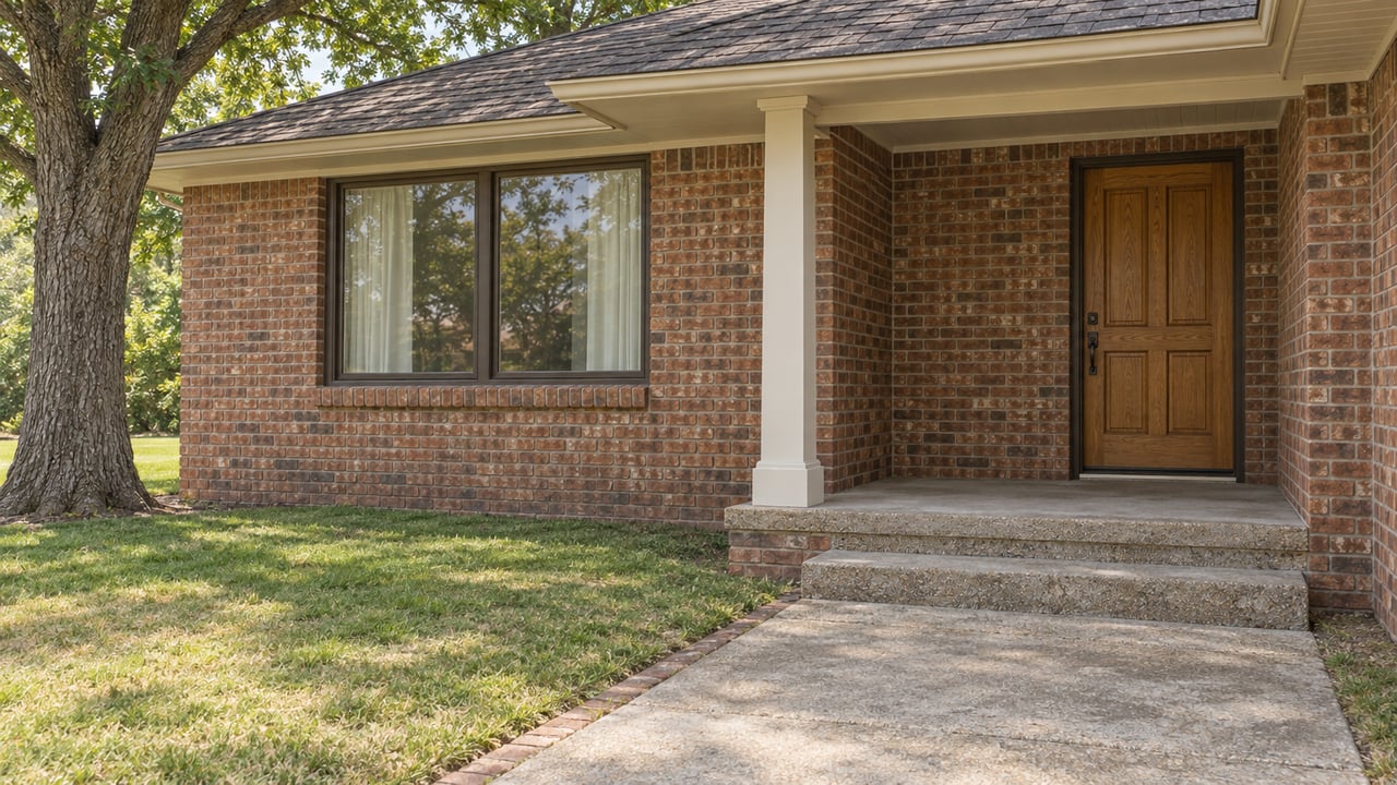 Warm brick single-story home with a sheltered oak front door, paired window and concrete entry steps beside a mature white oak and lawn.