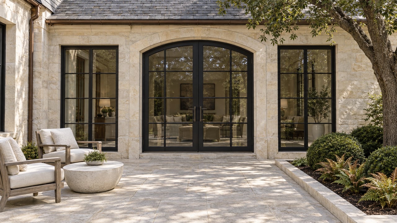 Limestone garden terrace with paired steel-framed glass doors, teak chairs, and curated planting beside an established luxury home.