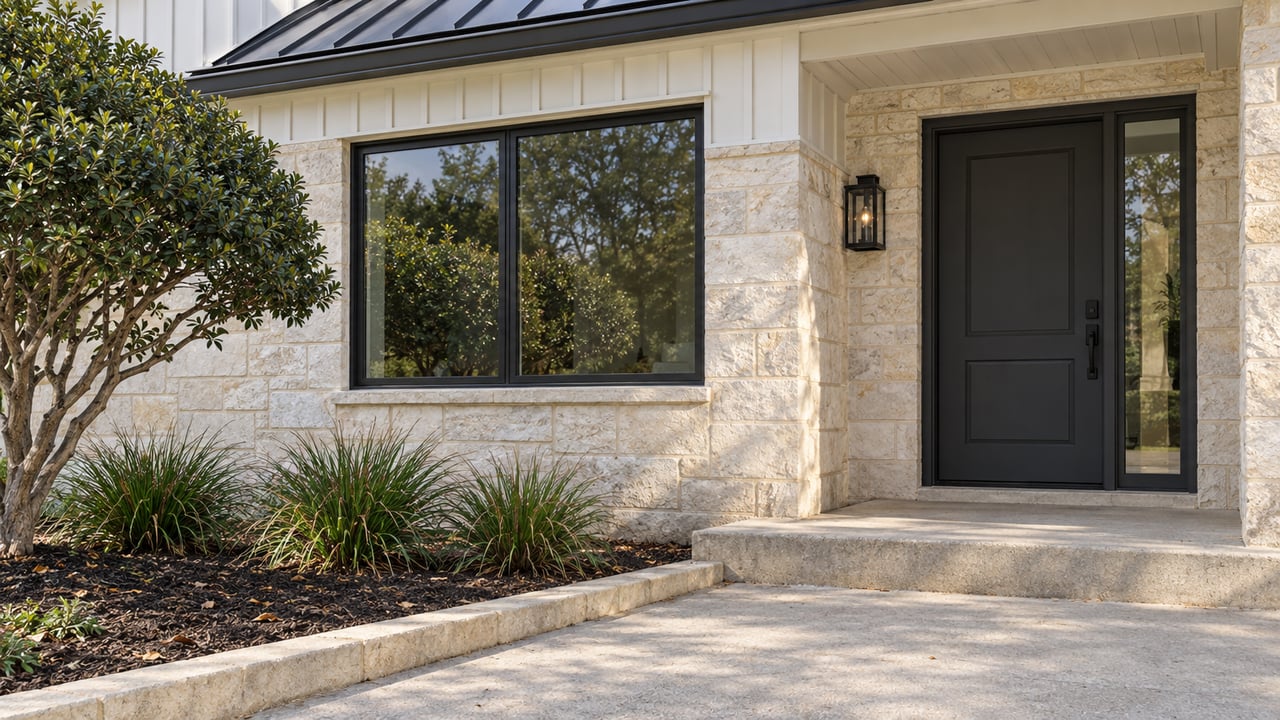 Pale limestone and white board-and-batten home entrance beside a black-framed window, concrete steps and a sculptural yaupon holly.