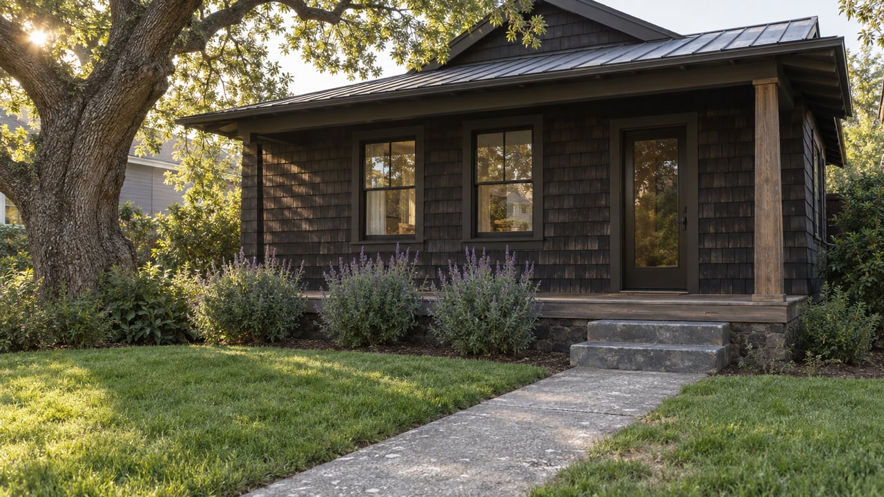 Aged charcoal-shingled bungalow with timber porch, bluestone steps, and an oak canopy above its modest garden.