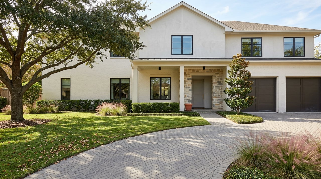Two-story white brick and stucco home with stone entry, curved paver driveway, deep lawn, and spreading live oak.