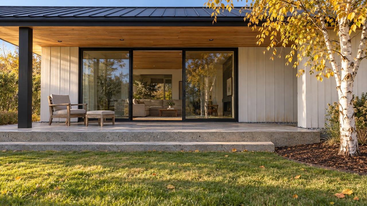 Contemporary home's covered concrete terrace with cedar soffits, closed black-framed glazing and a yellow-leaved paper birch beside an autumn lawn.