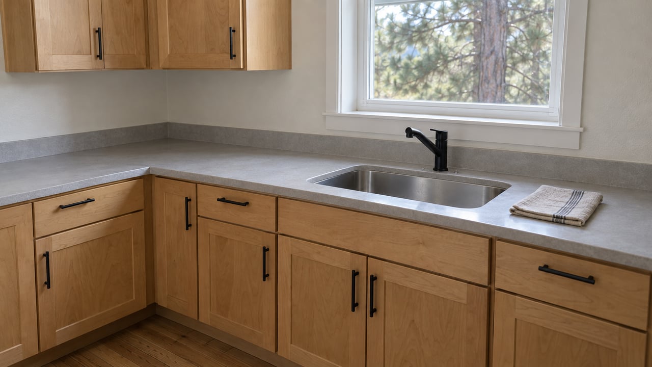 Modest kitchen with maple cabinets, a stainless sink beneath a window, and a folded linen towel by the faucet.