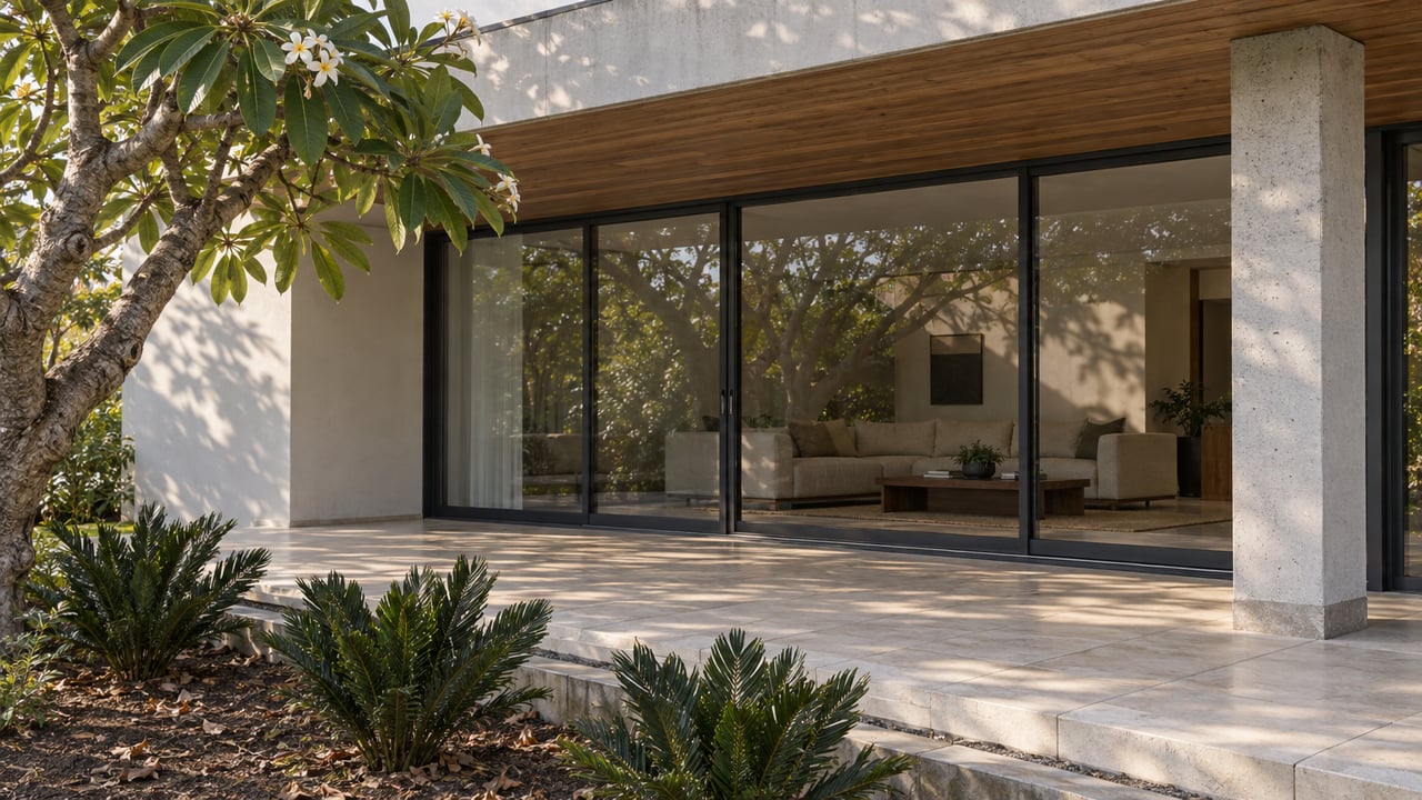 Close view of a tropical-modern home's stone terrace, timber soffit and closed sliding glass walls beside a sculptural frangipani tree.