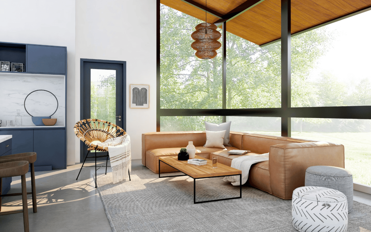 A modern living room with various furniture and expansive windows overlooking the spacious yard.