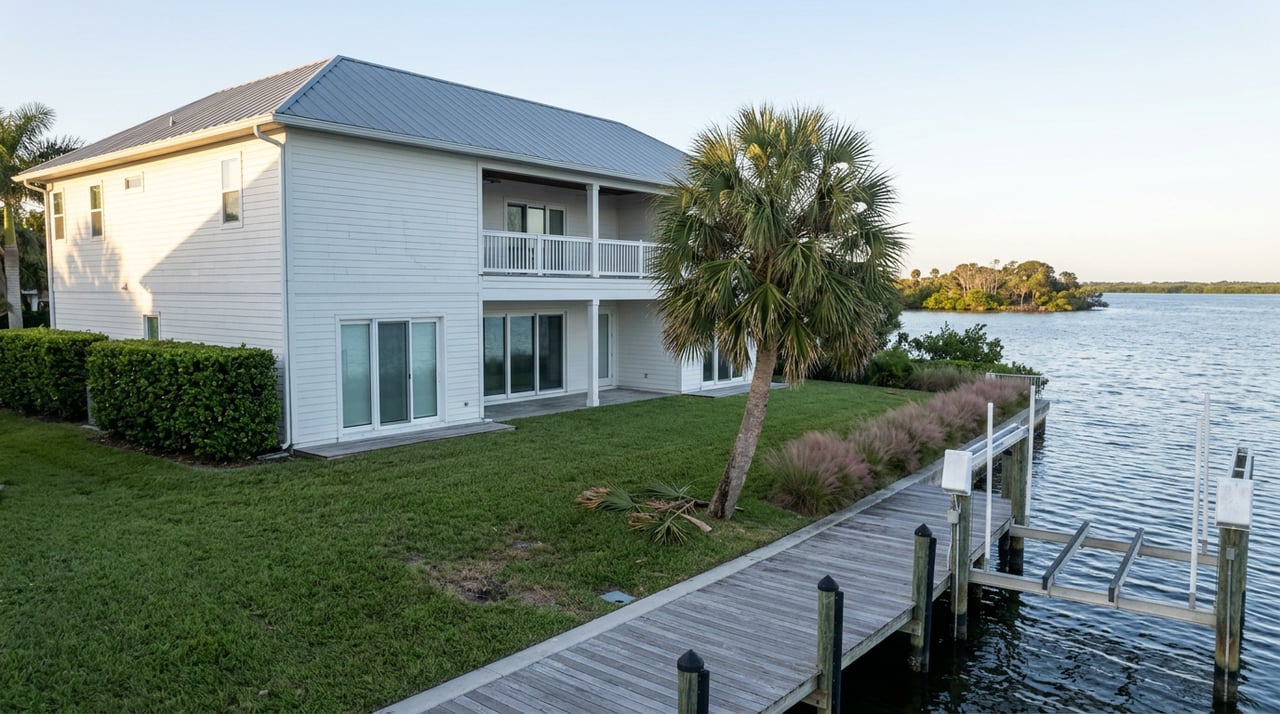 Two-story white waterfront home beside a private dock, empty boat lift, manicured lawn, and a single palm by the water.