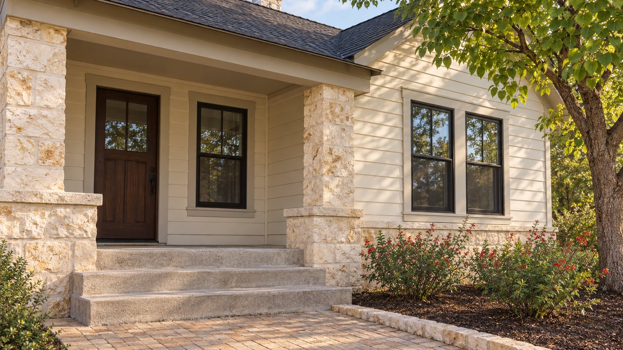 Limestone porch and ivory wood siding on a single-story cottage, with dark-framed windows, brick approach and a spreading redbud.