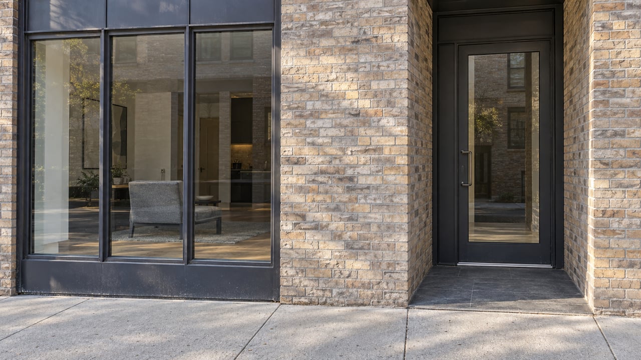Buff-brick condominium facade with charcoal steel glazing and a recessed glass entrance beside a worn concrete sidewalk.