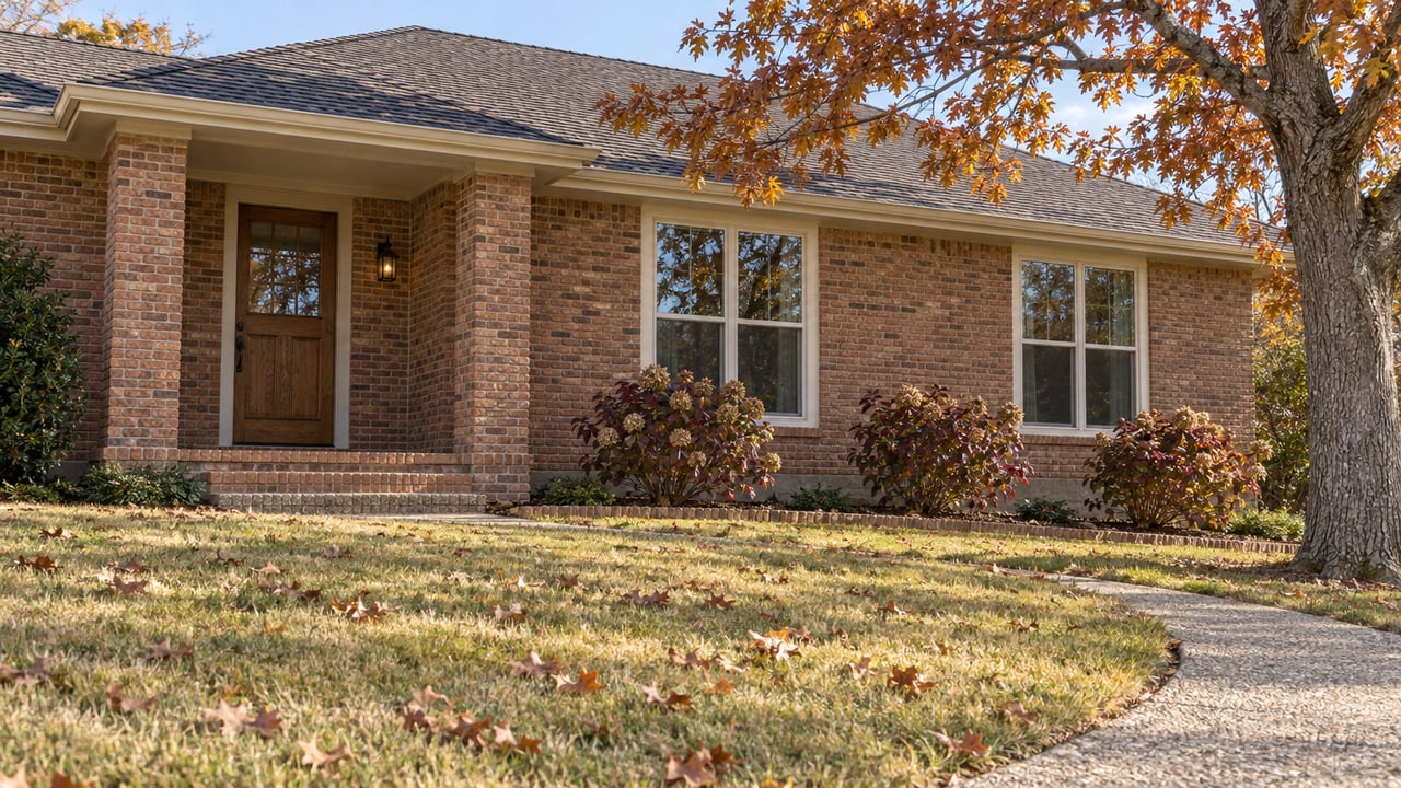 Autumn light across a gently sloping lawn and a reddish-brown brick home with an oak tree and recessed entry.