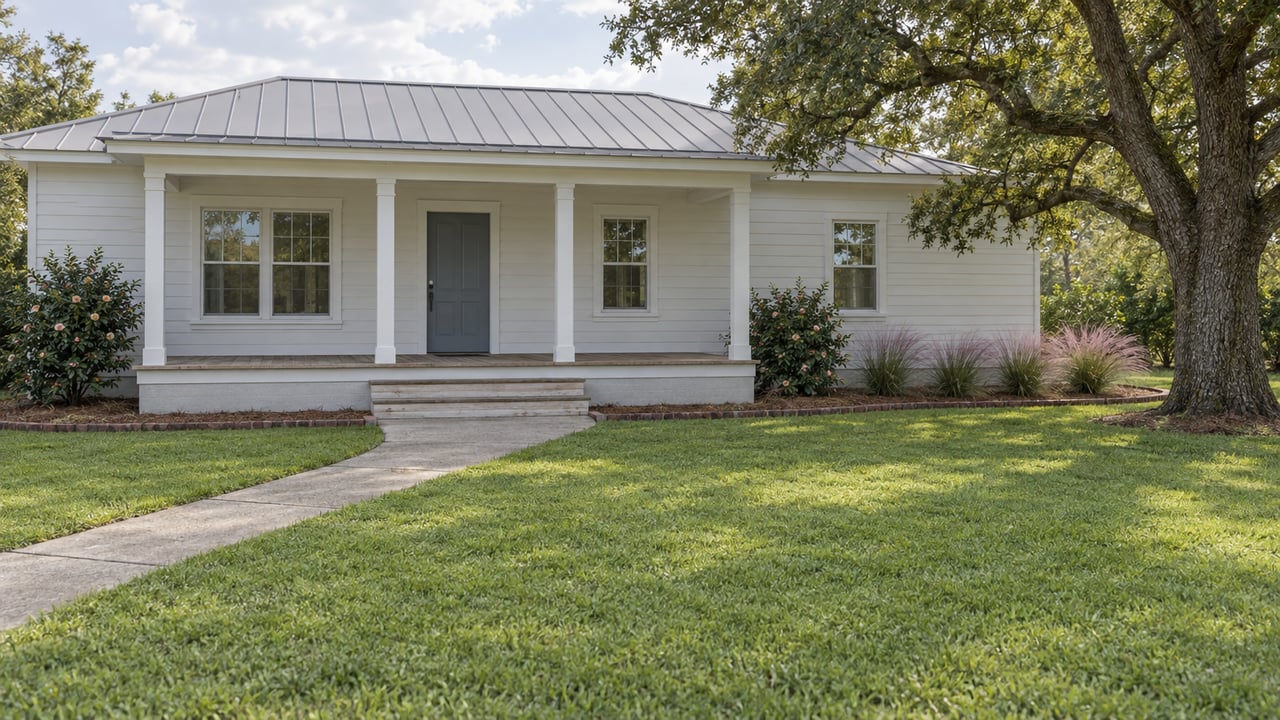 A pale-sided single-story home with a covered porch, deep green front lawn and a spreading live oak.