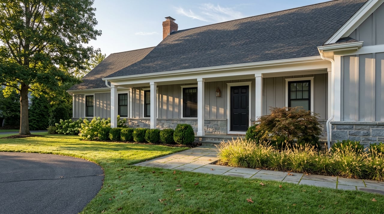 Gray Colonial home with a stone foundation, white porch columns, black door, curved driveway, and oak-shaded lawn.