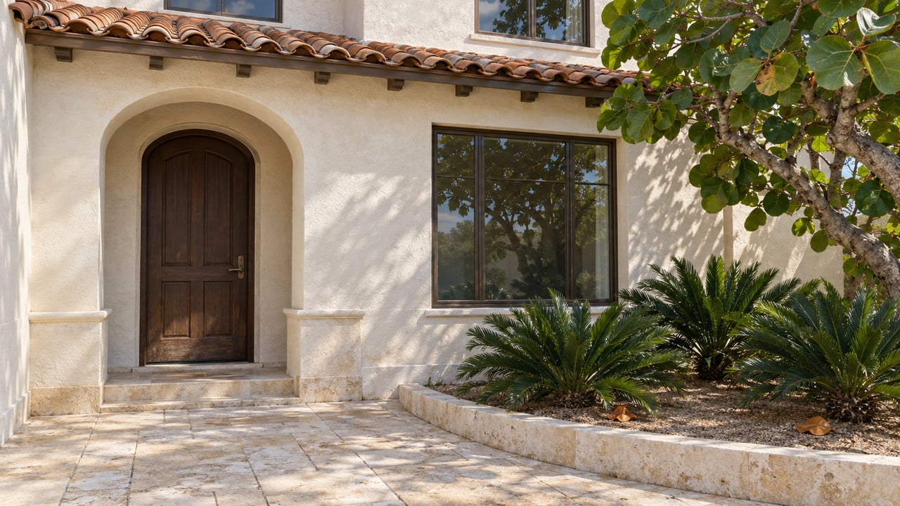Sunlit stucco home entry with a dark wood door, terracotta roof tiles, limestone paving and sea-grape foliage.
