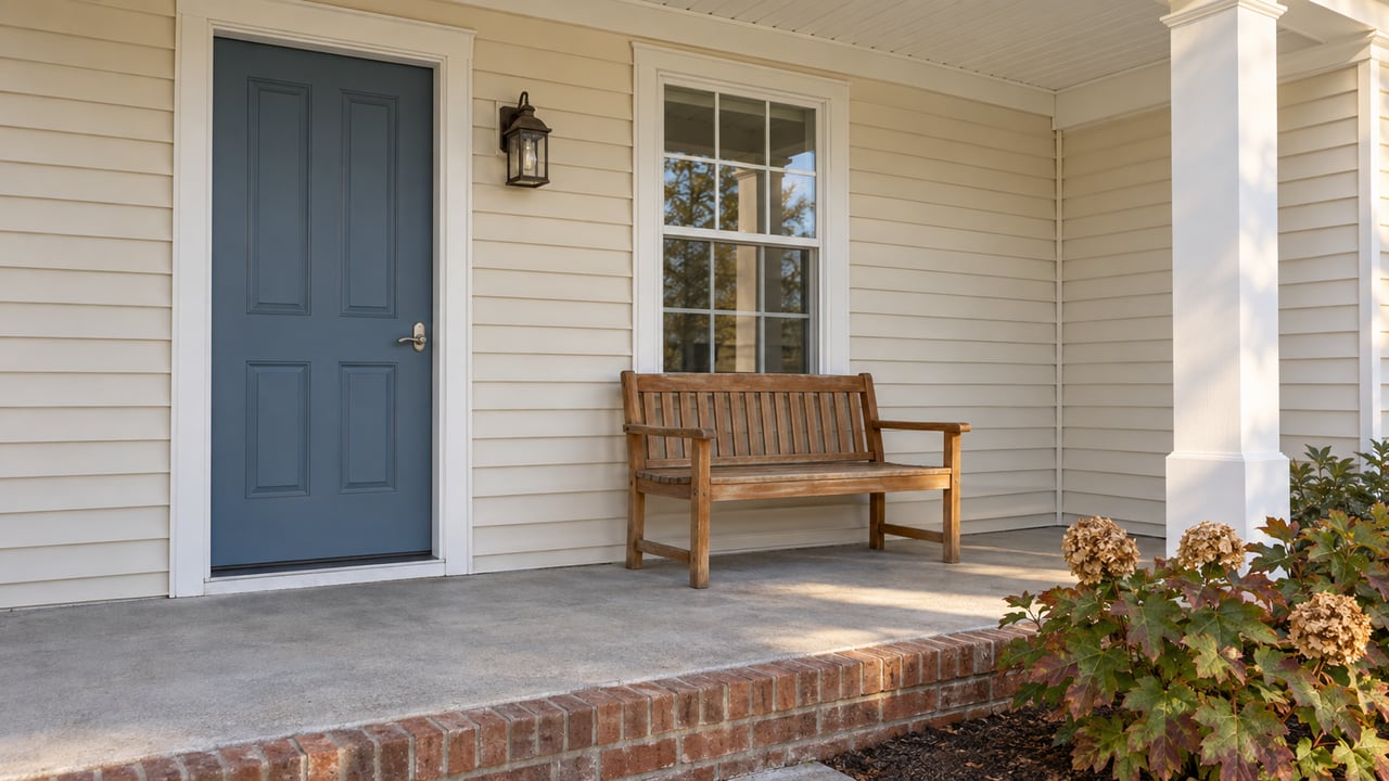 Covered front porch with cream siding, a muted blue door, white trim, a wooden bench and oakleaf hydrangea beside brick-edged concrete.