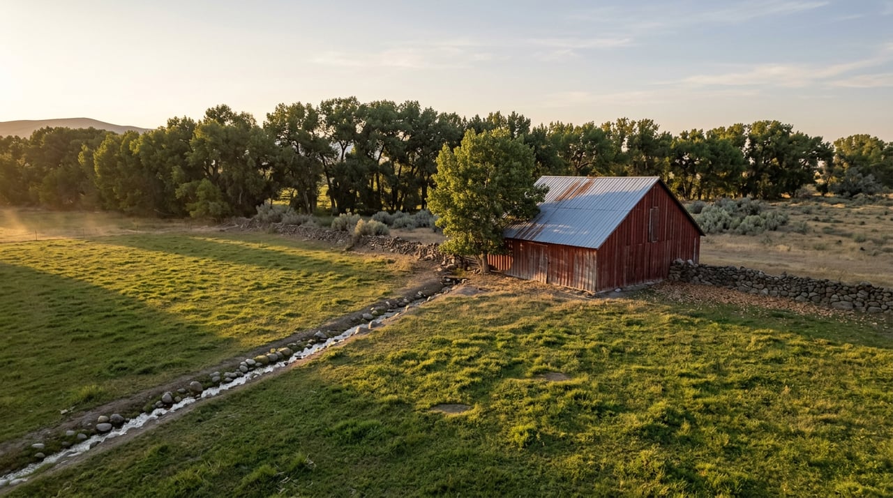Weathered red barn beside a stone wall and irrigation channel, with green pasture meeting dry sagebrush land.