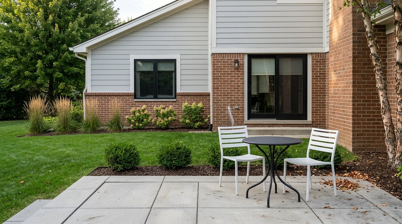 Suburban home’s rear patio with a black-framed slider, brick and gray siding, and clipped shrubs along the lawn.