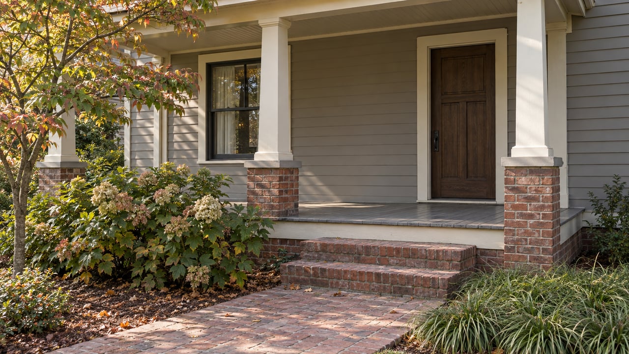 Small house with a covered porch, dark oak door, brick steps, and autumn plantings.