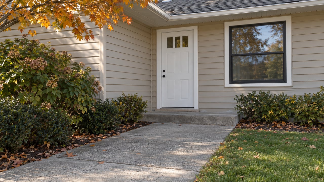 Beige-sided house entry with a white glazed-pane door, concrete walk, and sparse amber maple leaves.