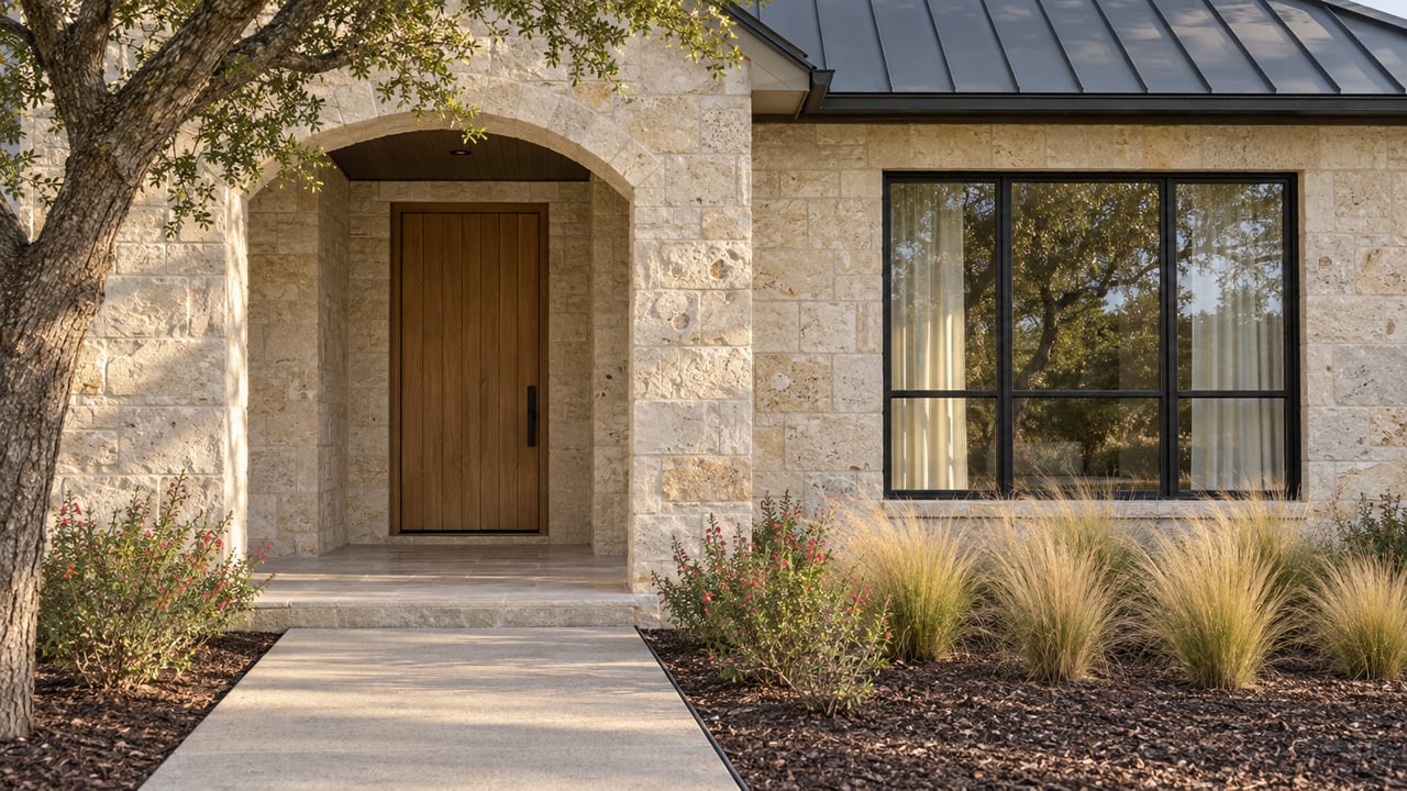 Sunlit limestone home entry with an arched porch, oak door, black-framed window and carefully planted approach.