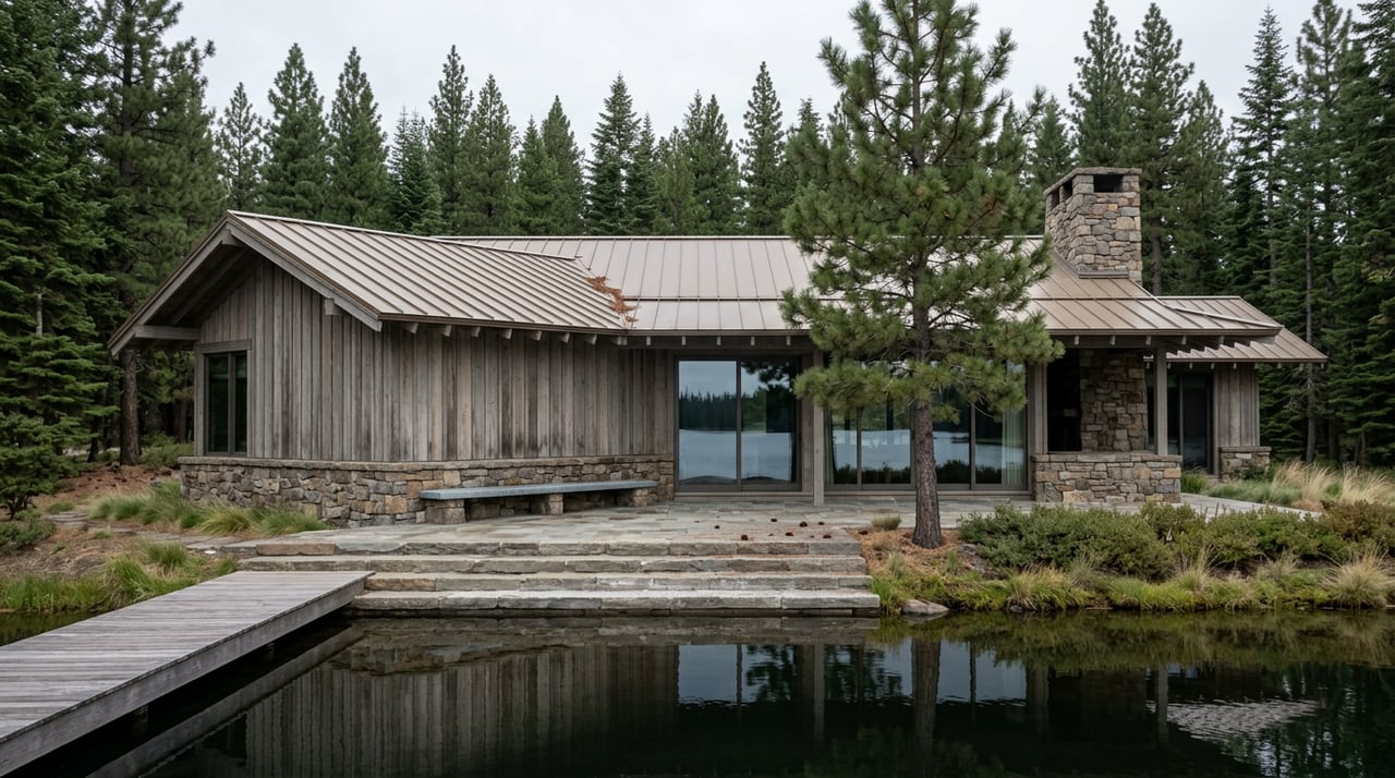 Lakeside home with gray cedar siding, stone chimney, and terrace beside still water, backed by conifers.
